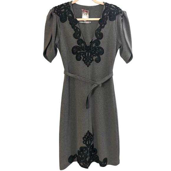 Yoana Baraschi Anthropologie Gray Black Embellished Silk Belted Dress - Sz 4 - Picture 1 of 6
